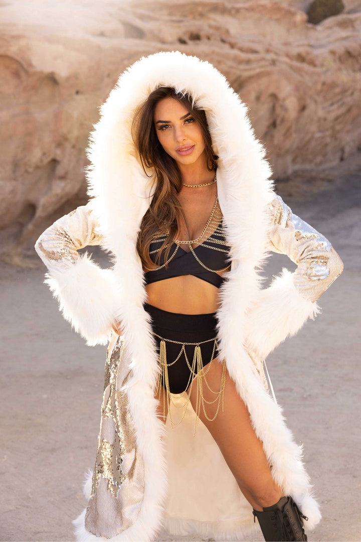 Women's Faux Fur Long Sequin Temptress Coat in Ivory Gold XXL / Custom