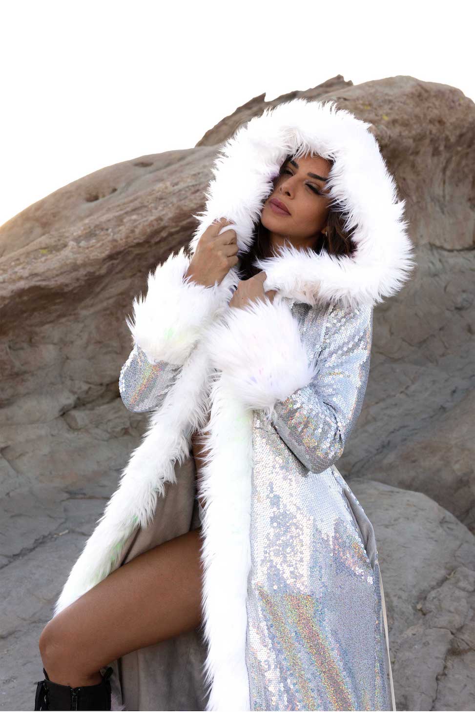 Women's Faux Fur Long Sequin Temptress Coat in 