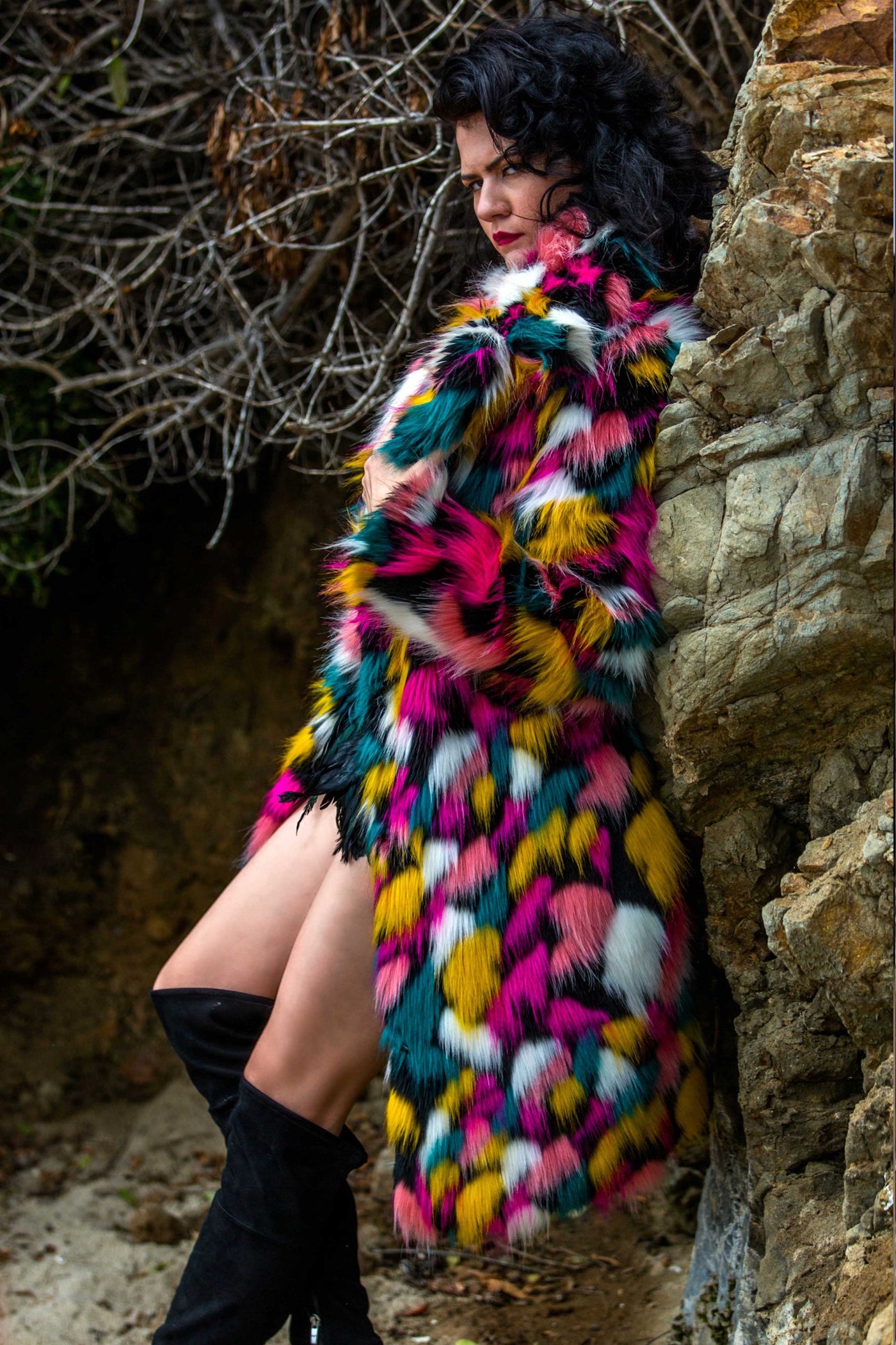 Women's Long Duchess Coat in "Kaleidoscope-magenta-teal-white"