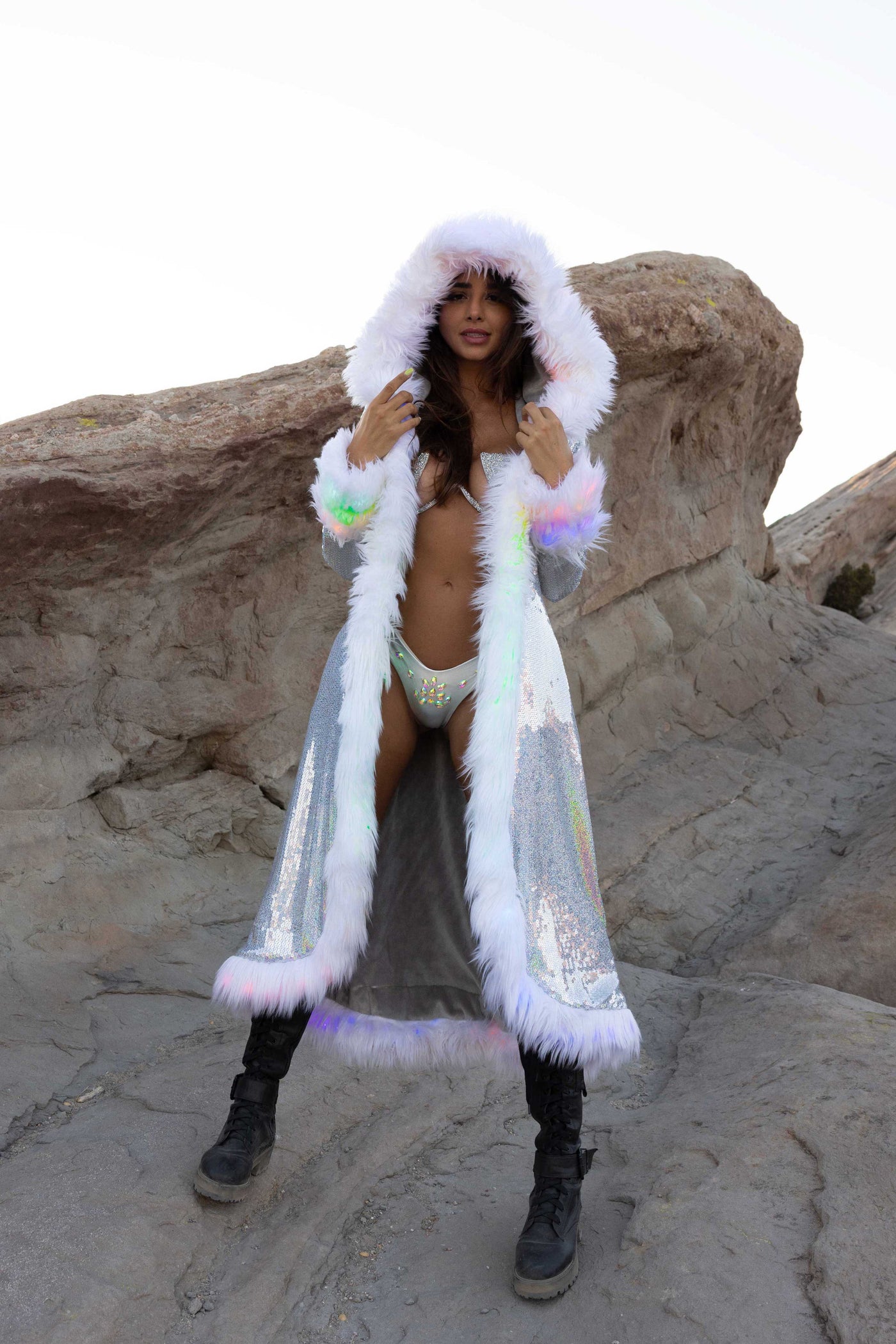 Women's LED Sequin Temptress Coat in "White Silver"