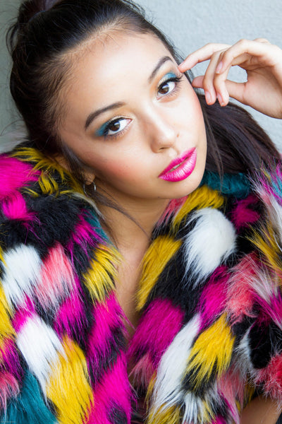 women multicolor pink teal white black fake fur jacket-3