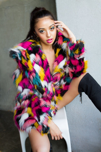 women multicolor pink teal white black fake fur jacket