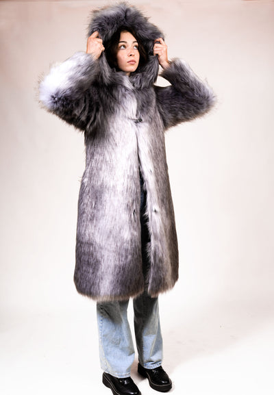 women's Silver Fox Tail faux fur hooded coat-
