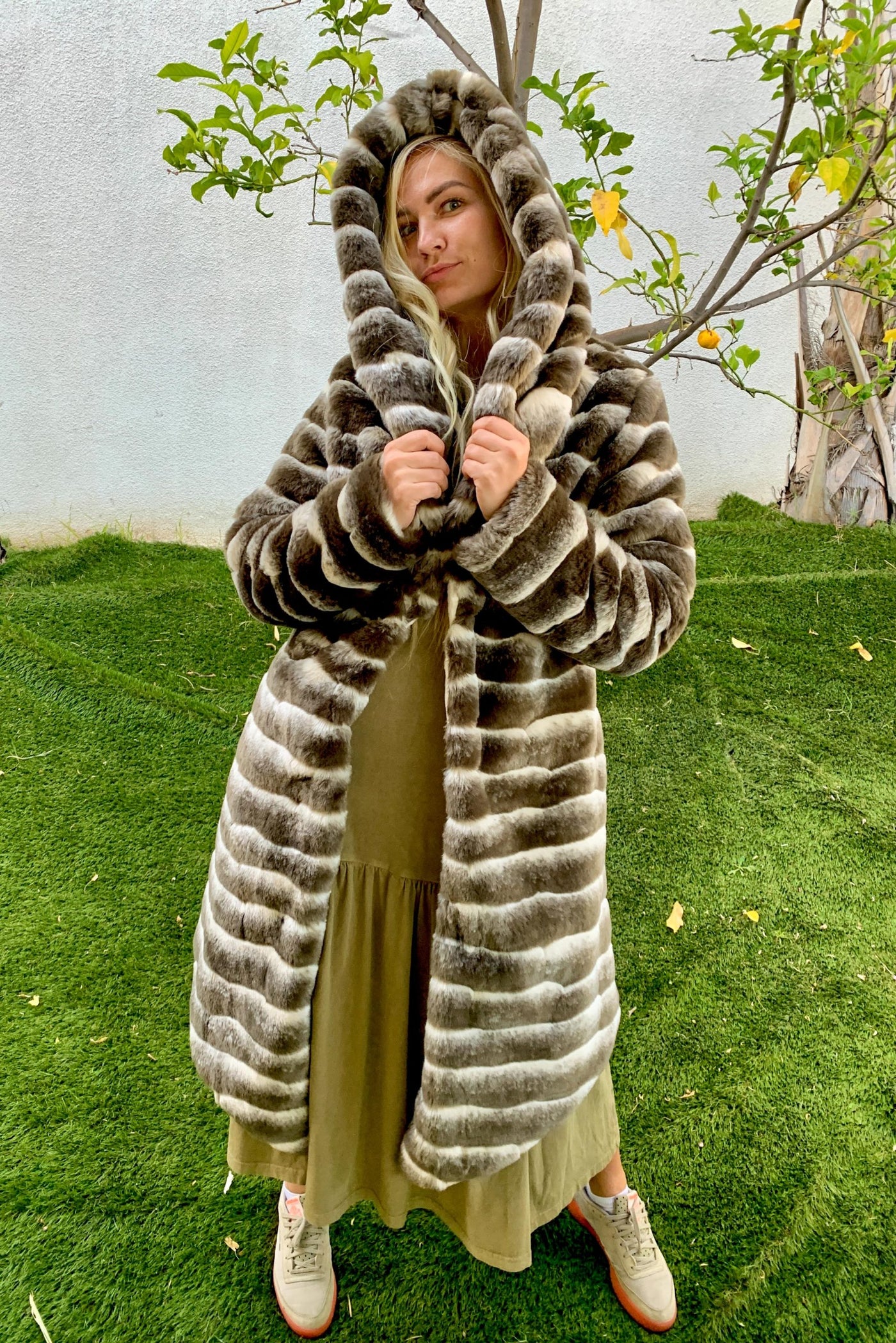 womens ivory and brown chinchilla faux fur long coat-3