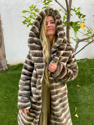 womens ivory and brown chinchilla faux fur long coat-