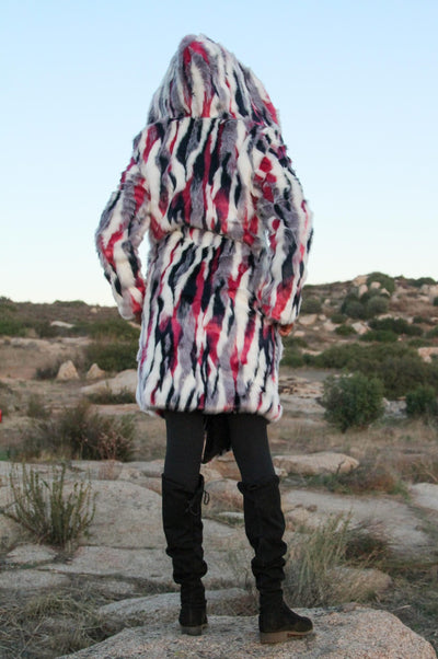 womens magenta violet white black faux fur long coat-6