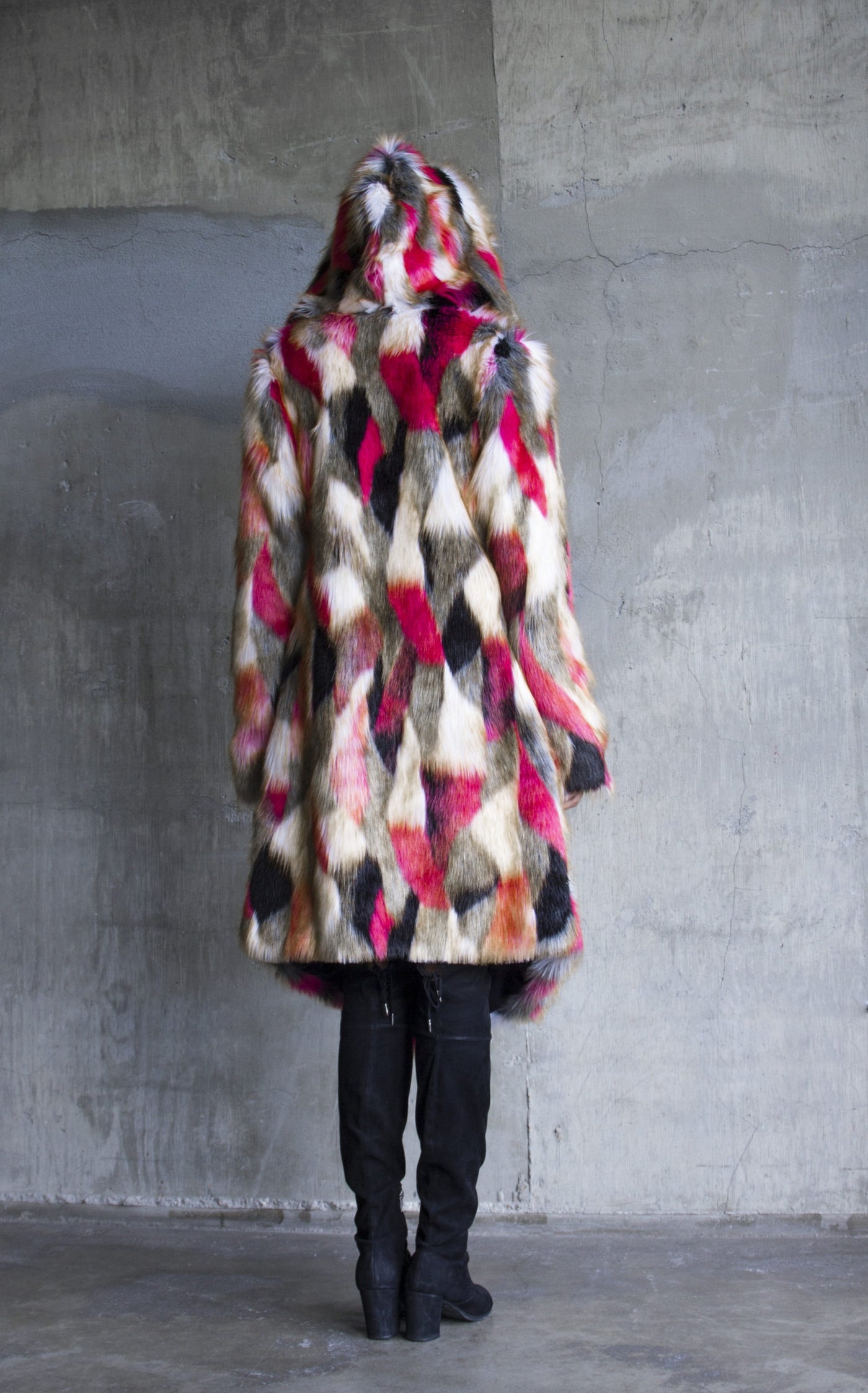 womens pink black white chinchilla faux fur long coat-111