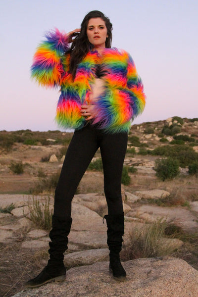 women's rainbow faux fur cropped coat shaggy