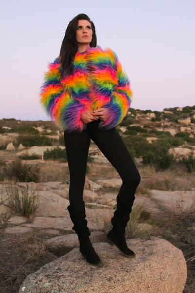 women's rainbow faux fur cropped coat shaggy-1