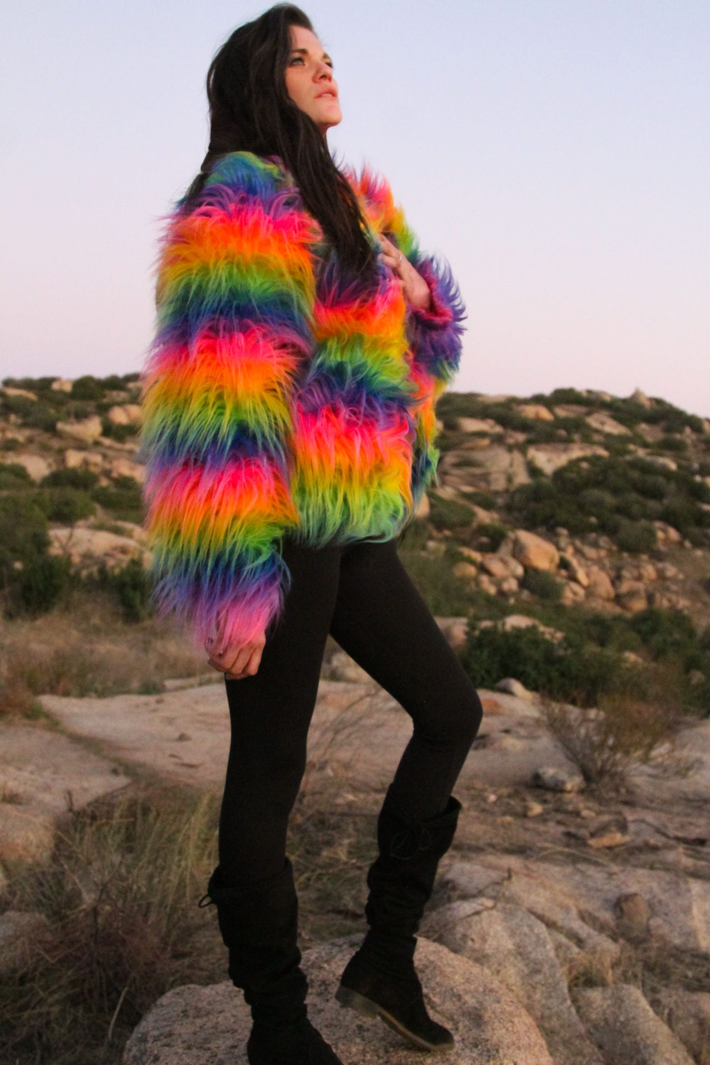 women's rainbow faux fur cropped coat shaggy-2
