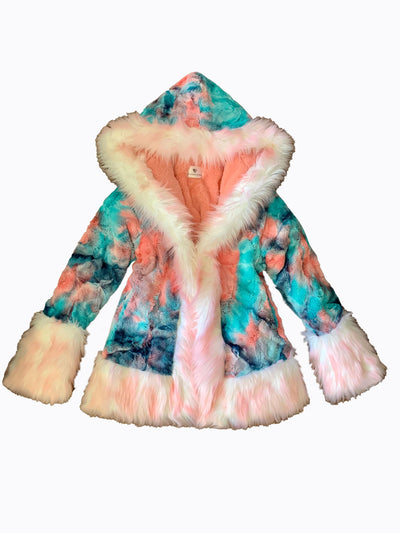 womens short cotton candy pink and blue tie dye faux fur hooded coat-.12