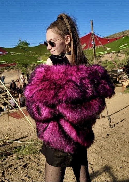 womens short faux fur hot pink and black faux fur jacket-1