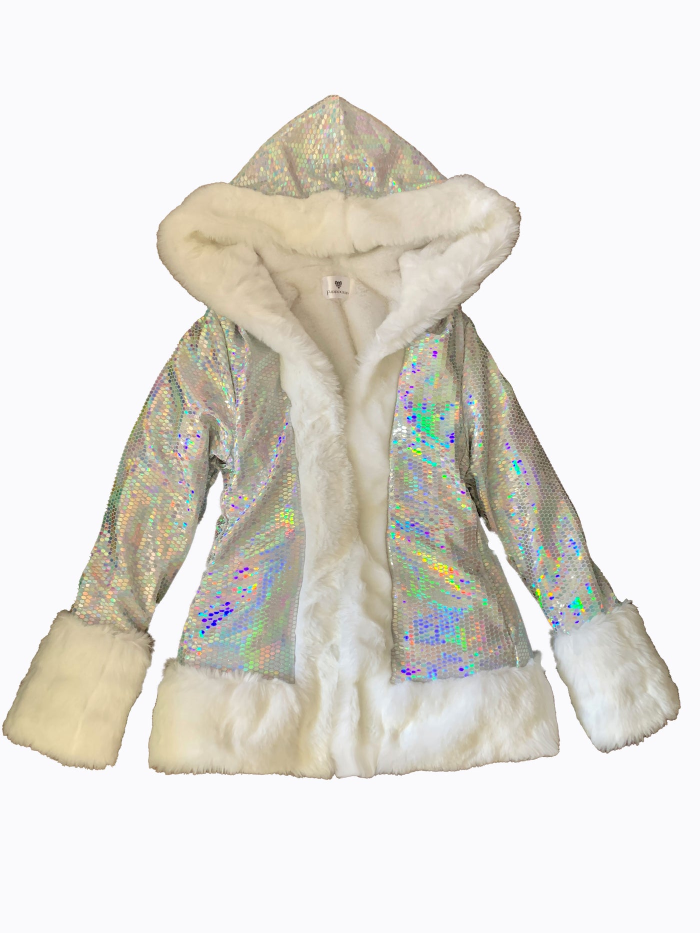 womens short rainbow silver hologram white faux fur hooded coat-3