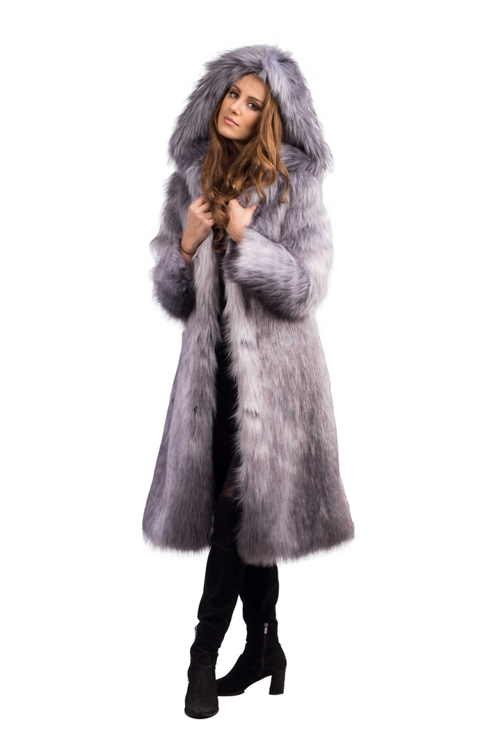 Women's Fake Fur Hooded Long Playa Coat in 